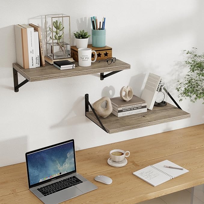Floating Shelves, 24W x 12D Wall Shelves Set of 2, 12 Inch Deep Rustic Wood Wall Storage, Heavy Duty Metal Brackets, Large In