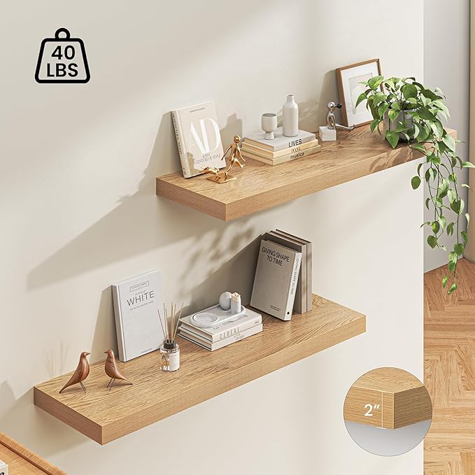 Dreamland 48" Floating Shelves for Wall, 12" Deep Thicker Oak Floating Shelves, Wall-Mounted Shelves for Bedroom, Living Room