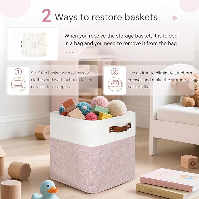FinishingBo Cube Storage Baskets 6 Pack, 11x11 inch Cube Storage Bins with Leather Handles for Shelf Closet (White/ Pink)