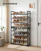 SONGMICS Shoe Rack, 8-Tier Shoe Organizer, Metal Rack for Garage, Set of 2, 4-Tier Stackable Shelf, with Adjustable Flat or A