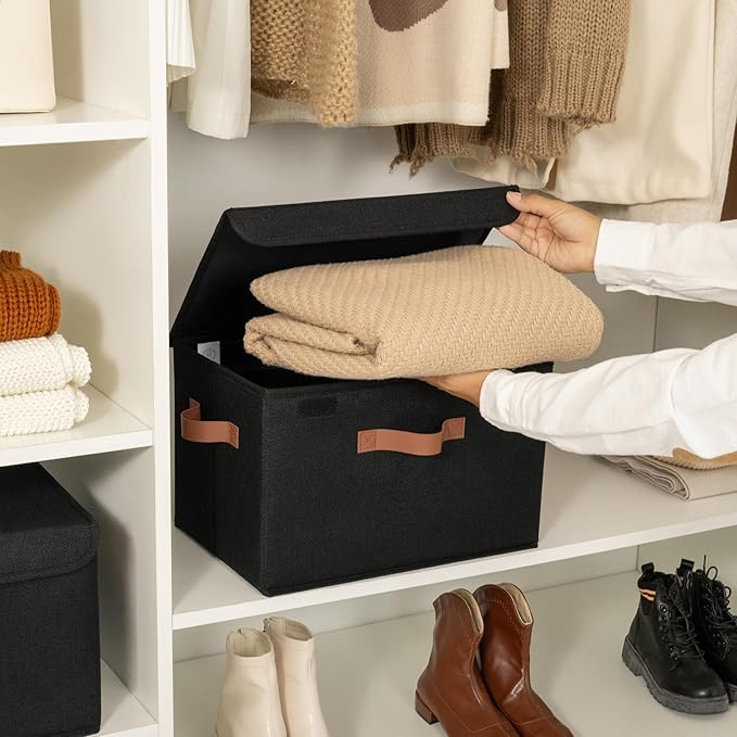 GRANNY SAYS Storage Bins with Lids, Decorative Storage Boxes with PU Handles, Black Storage Bin, Linen Closet Organizer, Shel