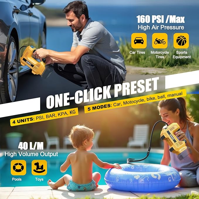 160PSI Cordless Tire Inflator Compatible with Dewalt 20V Air Compressor, Portable Air Pump Automatic Shut Off, LED Light, Digital Pressure Gauge for Cars Motorcycles Bike Ball(Bare Tool)