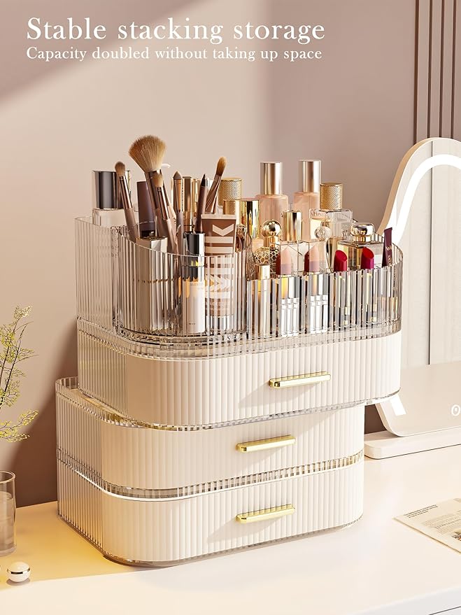 360° Rotating Makeup Organizer with Drawer, Clear Acrylic Cosmetic Storage Display, Stackable Beauty Counter (Clear, Large (T