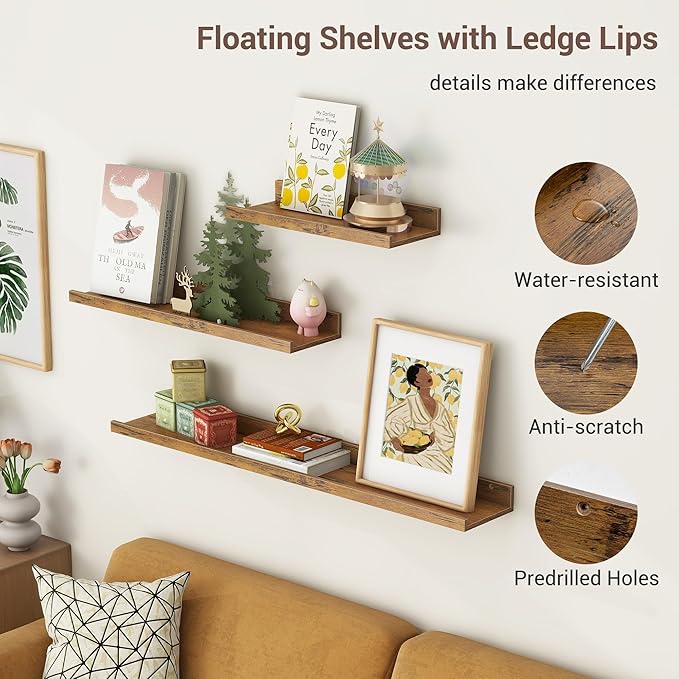 Axeman 36 Inch Floating Shelves | Brown Picture Ledge Shelf Set of 3 | Rustic Brown Wood Wall Shelves with Lip | 36" Picture 