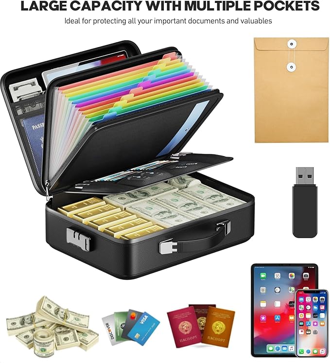 Fireproof Document Box, Hard Case Highly Flame-Resistant Fire Proof Waterproof File Organizer with Lock, Portable Fire Safe f