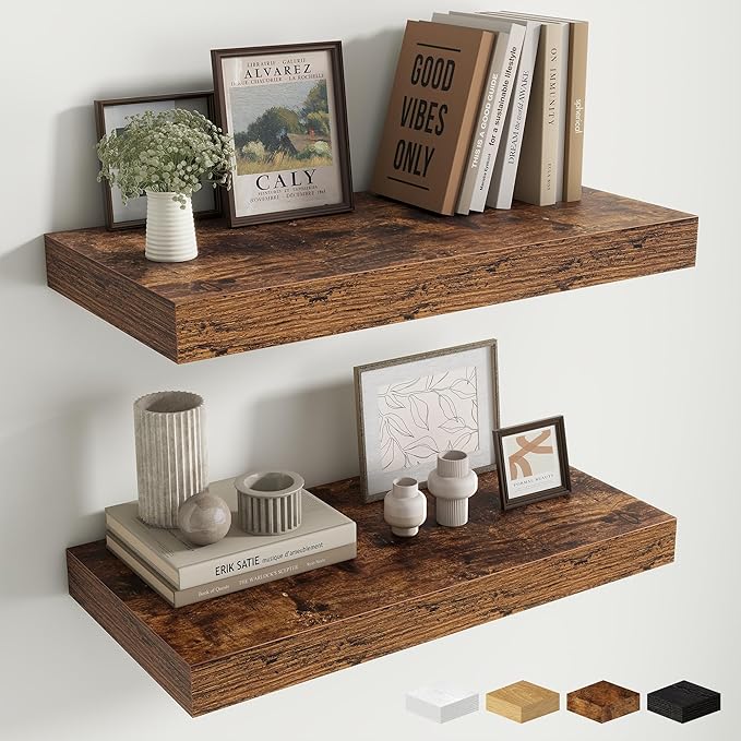 Fun Memories 24 Inch Floating Shelves Wall-Mounted, 12 Inch Deep Wall Shelves, 24 x 12 Floating Shelf, Deep Storage Shelf for