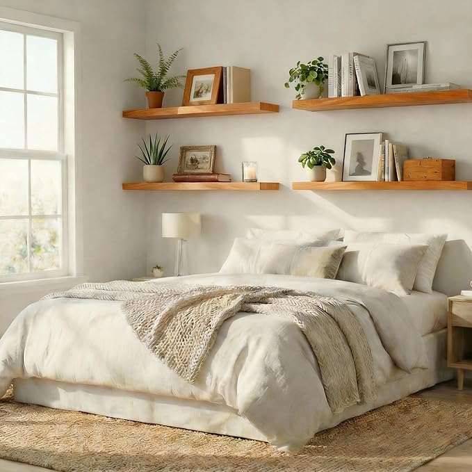 IEO Long Wooden Floating Shelves for Room Wall, Natural Wood Floating Shelves Wall Mounted Kitchen Shelf for Living Room, Bed