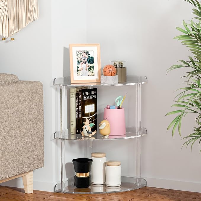 Sezanrpt 3 Tier Acrylic Corner Shelf Organizer Storage 9.5x9.5x15.7 Inch, Transparent Countertop Corner Shelf for Bathroom, K