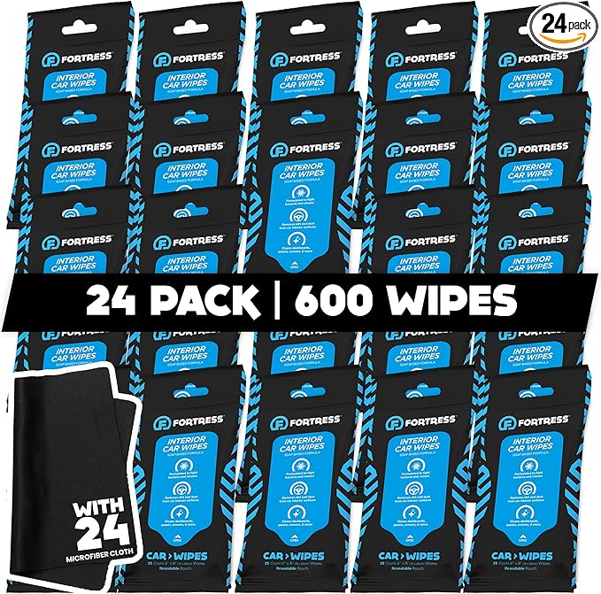 Fortress Car Interior Wipes with Microfiber Cloth (25 ct, Pack of 24) for Car Interior Cleaning, Dashboard, Seats, Detailing,