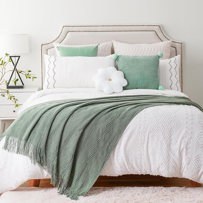 BATTILO HOME Sage Green Throw Blanket for Couch, Sage Green Decor, Knit Throw Blankets for Bed, Spring Throw Blanket Light Bl