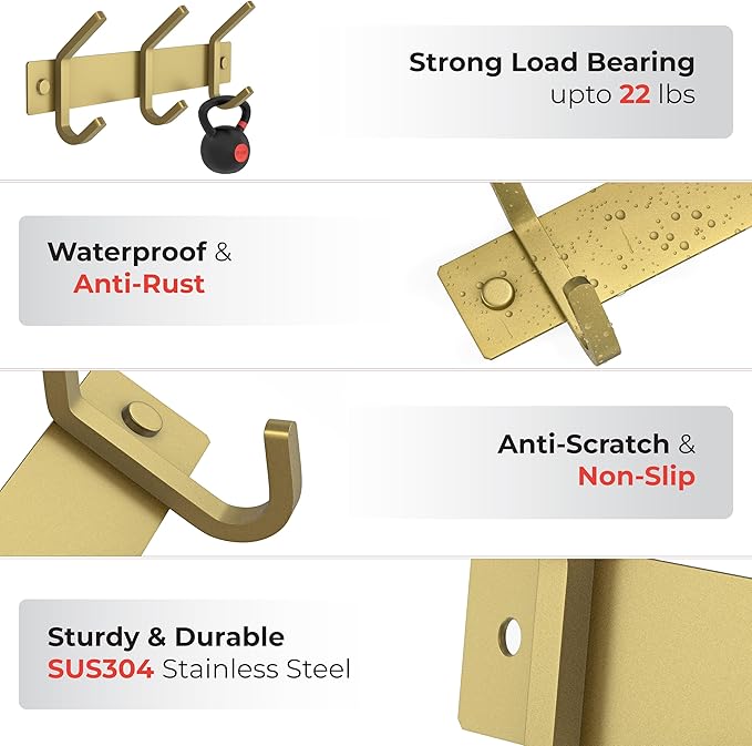 Brushed Gold Small Coat Rack Wall Mount – 9 Inch Stainless Steel Rail with 3 Double Coat Hooks for Entryway, Bathroom, Bedroo
