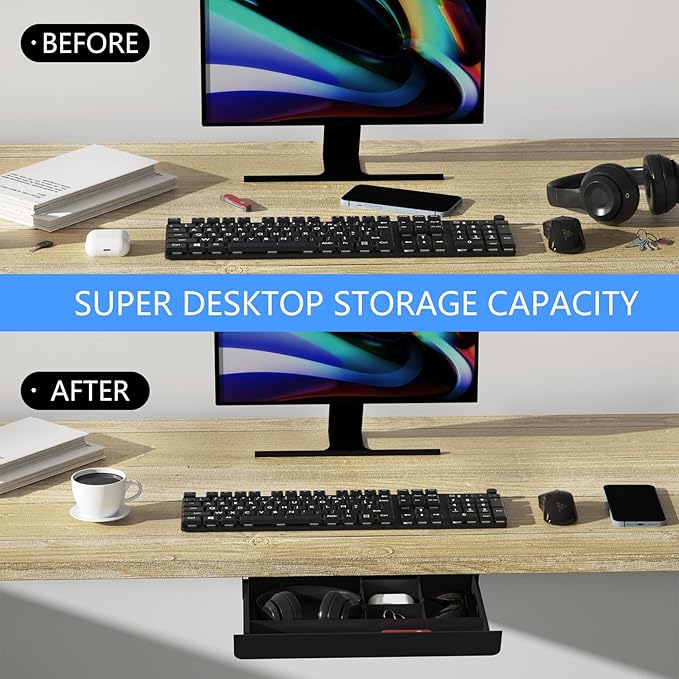 Under Desk Mounted Sliding Pull-out Drawer with Pencil Tray and Slide Storage Tray, 17'' long & 13.5'' deep Large Storage Org