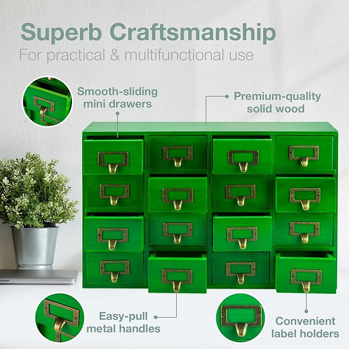 Emerald Green Wood 16-Drawer Apothecary Small Cabinet - 20"x3.6”x14” Card Catalog Style Table Top Organizer - Wooden Storage 