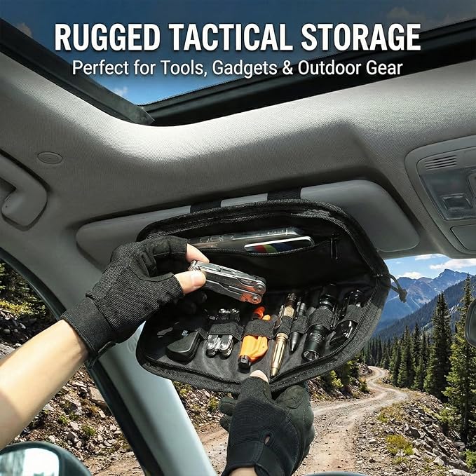 2 Pack Car Sun Visor Organizer, Auto Interior Accessories Tactical Molle Panel & PU Leather Visor Storage Pouch with Sunglasses Clip, Multi-Pocket Document Holder for Truck SUV Car Gear