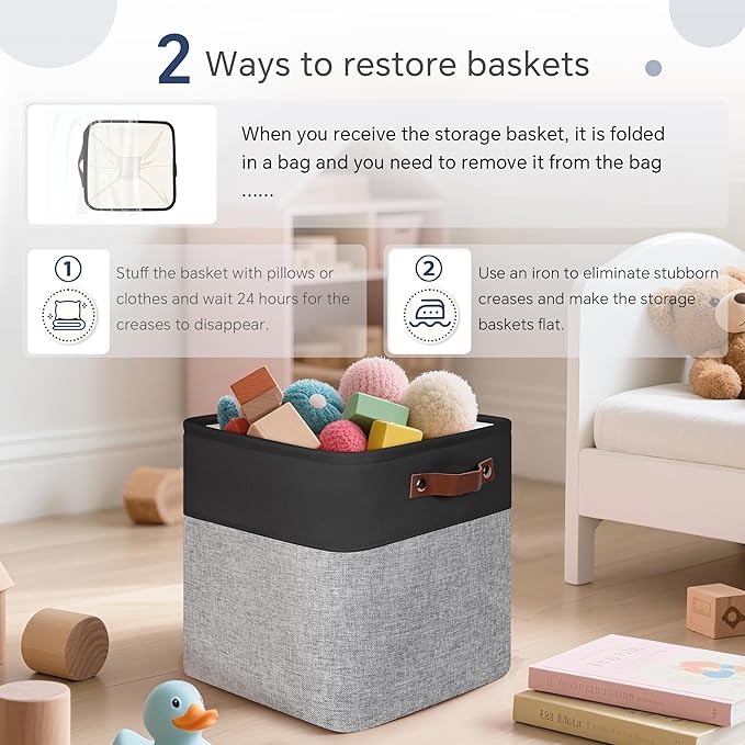 FinishingBo Cube Storage Baskets 6 Pack, 11x11 inch Cube Storage Bins with Leather Handles for Shelf Closet (Black/ Gray)