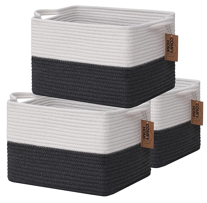 COMFY-HOMI 3PACK Cotton Rope Square Basket with Handles for Shelves| Storage|Baby Basket for Gif|Shoe basket for Organizing|N