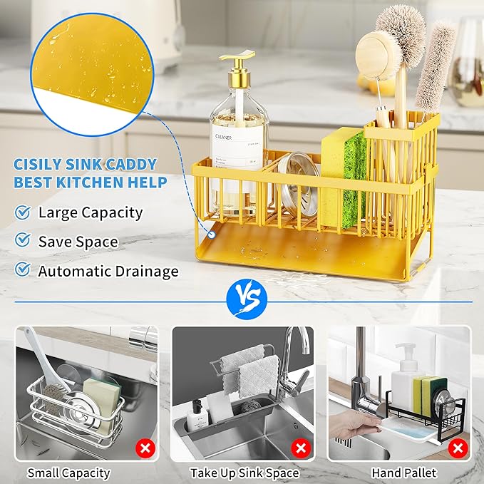 Cisily Lemon Yellow Sink Caddy Organzier with High Brush Holder, Sponge Holder for Sink, 304 Rustproof Stainless, Kitchen Cou