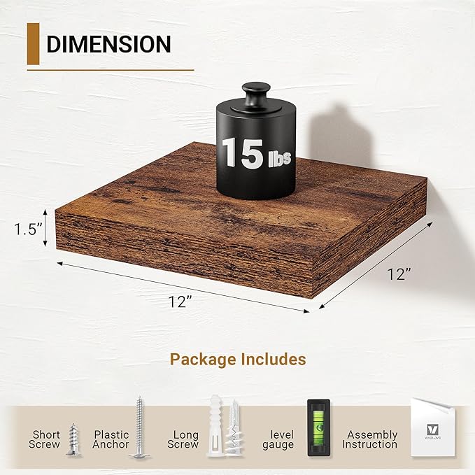 Vivelove 12x12 Floating Shelves for Wall, 12" Deep Shelves with Invisible Brackets, for Living Room Bedroom Bathroom, Farmhou