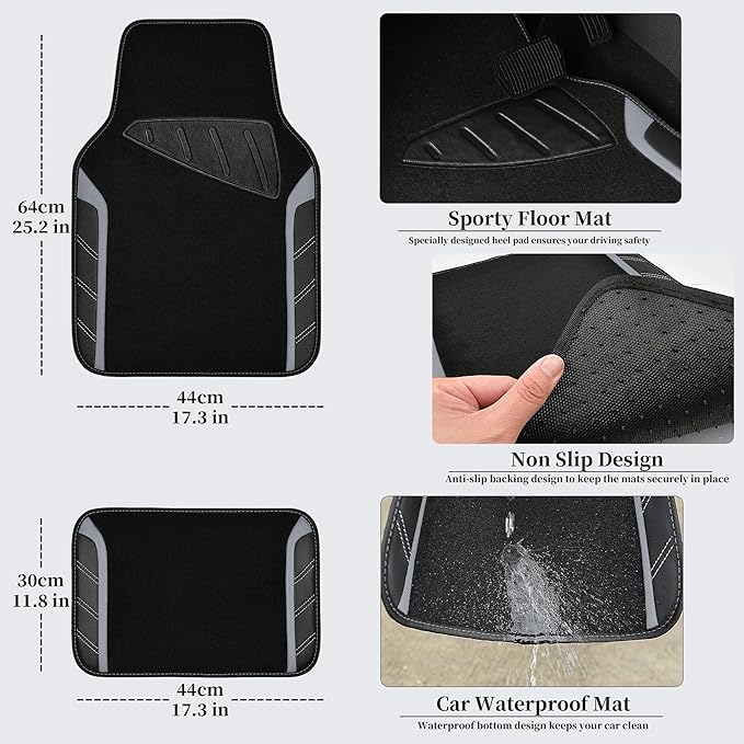 CAR PASS Leather Steering Wheel Cover and Waterproof Car Floor Mats,Microfiber Universal Car Combo Fit for 95% Sedan,SUV,Cars