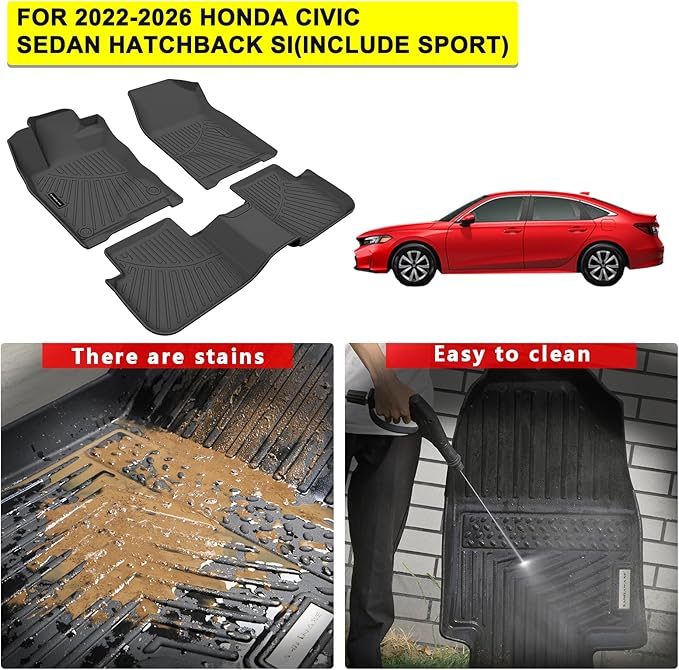 TPE Floor Mats for 2022-2026 Honda Civic Sedan Hatchback Si(Include Sport， All Weather Car Floor Liners Fit Honda Civic Accessories Black