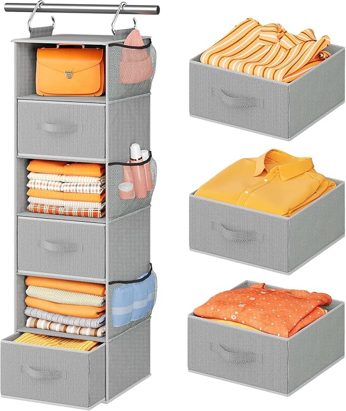 Pipishell Hanging Closet Organizer 6-Shelf, Hanging Shelves for Closet with 3 Removable Drawers & Side Pockets for Bedroom, G
