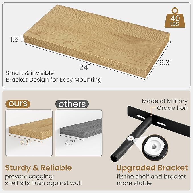 24"W x 9.3"D Floating Shelves for Wall, Wall Mounted Bathroom Shelves 2 Pack Deep Floating Shelf for Bedroom Kitchen Living R