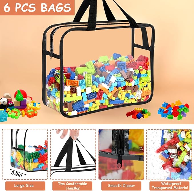 6 Packs Large Toy Storage Bags with Labels, Reusable Clear PVC Board Game Storage, Travel Waterproof Organizer Bags with Zipp