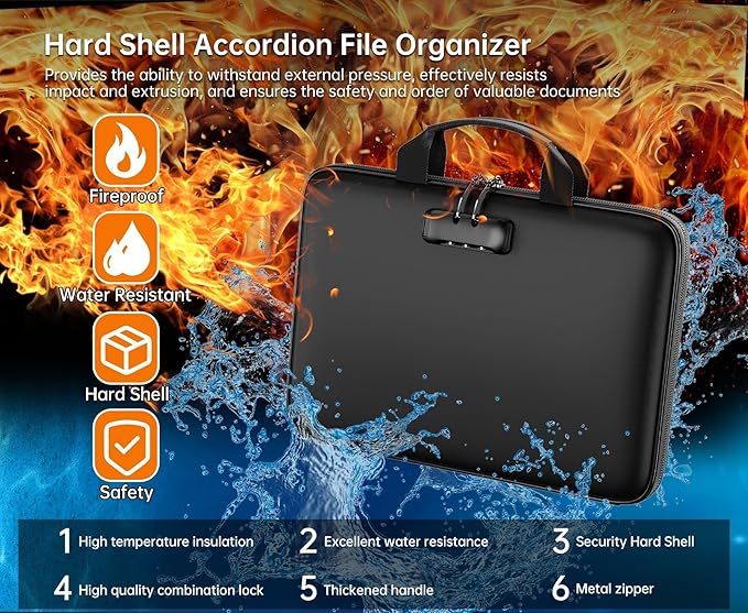 Fireproof File Organizer with Lock, Hard Case Fireproof Document Box with 13 Pockets Accordion File Folder, Important Documen