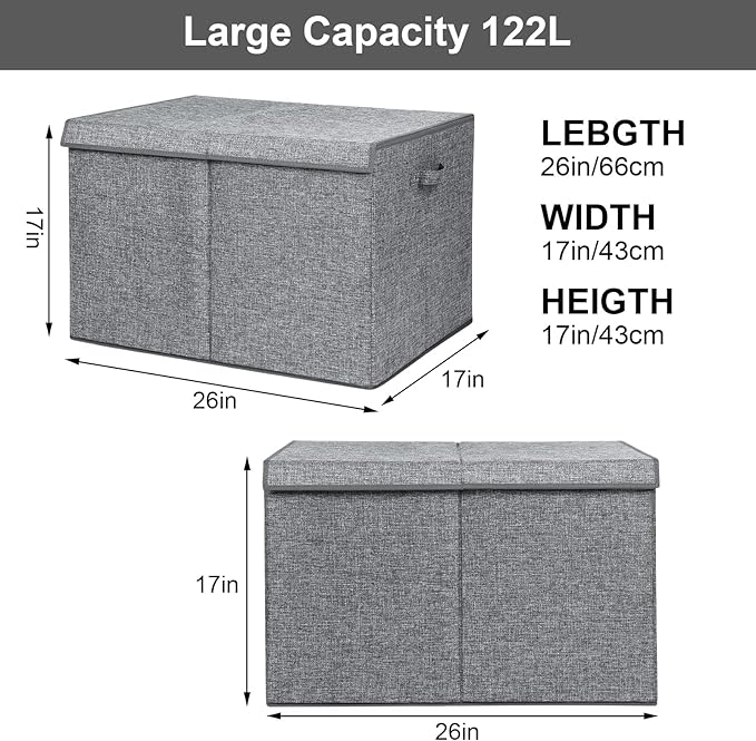 122L Large Toy Chest Box with Lid, Foldable Toy Storage Organizer Bin Boxes with Removable Divider for Kids, Boys, Girls, Nur