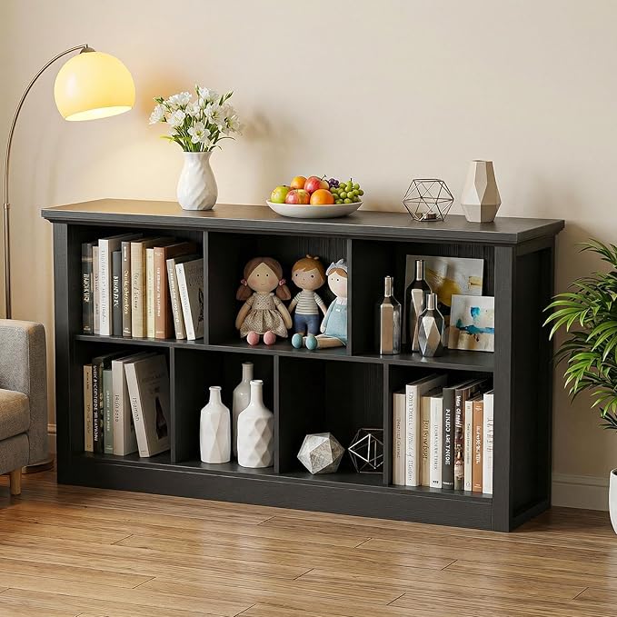 Unikito 7 Cube Storage Book Shelf - 50" Wide Wood Cube Storage Organizer, Wooden 2 Tiers Floor Standing Low Bookcase for Livi