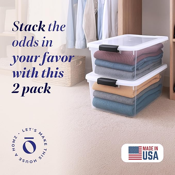 HOMZ 2-Pack Secure Latch, Clear Plastic Storage Organizer Bins, 64 Quart, Gray Latches - Stackable Container Boxes for Bedroo