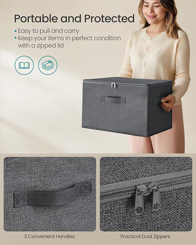 SONGMICS Foldable Storage Organizer Boxes, Set of 3 Storage Basket Bins with Lids, Handles, Clothes Organizer, 15.7 x 11.8 x 