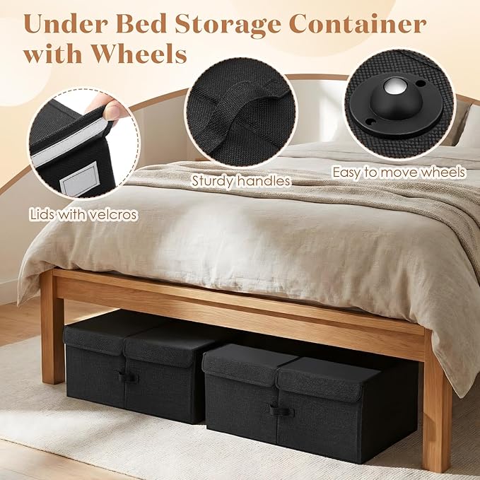 Geelin 4 Pcs Under Bed Storage with Wheels 10" High Underbed Containers with Lids Large Rolling Under Bed Organizer with Hand
