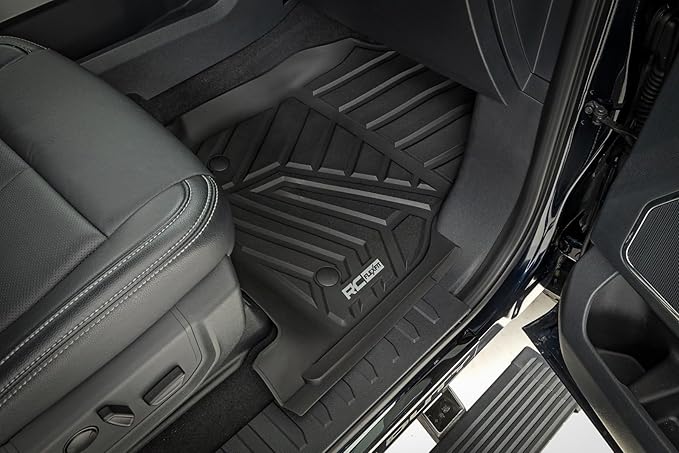 Rough Country Flex-Fit Floor Mats for Ford F-250/350 Super Duty (2017-2025) Crew Cab - Front & Rear Set, Custom All-Weather Non-Slip TPE Liners w/Spill Saver Lip