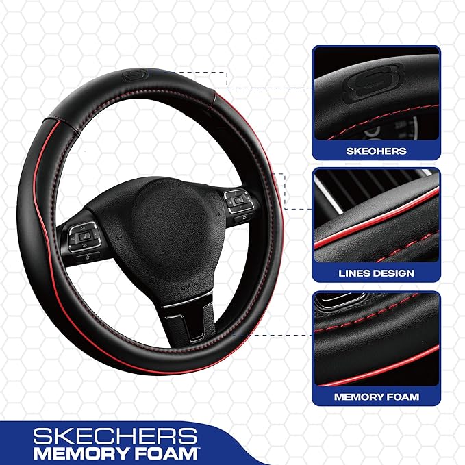 Skechers Memory Foam Steering Wheel Cover,Piping Microfiber Leather Steering Wheel Cover Sporty Universal Fit 14" 1/2-15" Car
