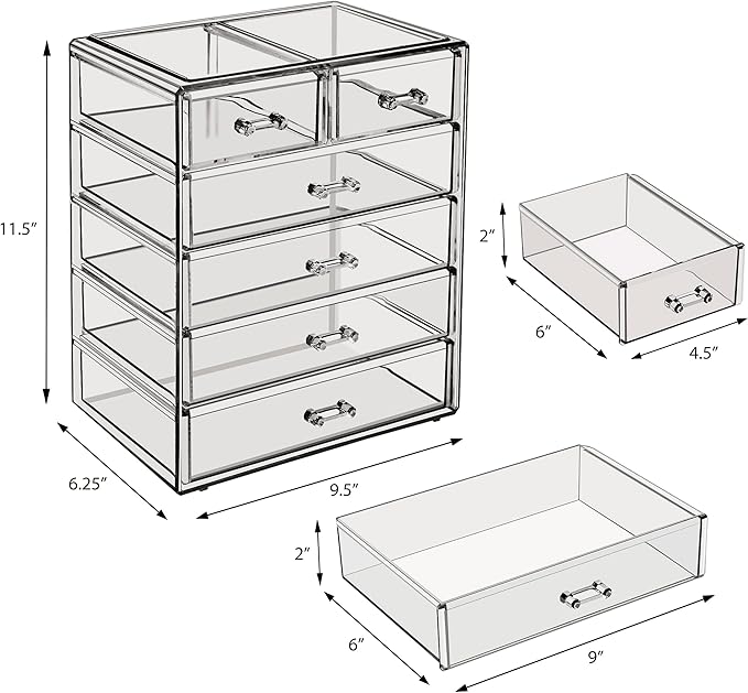 Sorbus Acrylic Makeup Organizer Set, 6-Drawer Vanity & Countertop Cosmetic Storage with Small & Wide Drawers, Black Jewel Mak