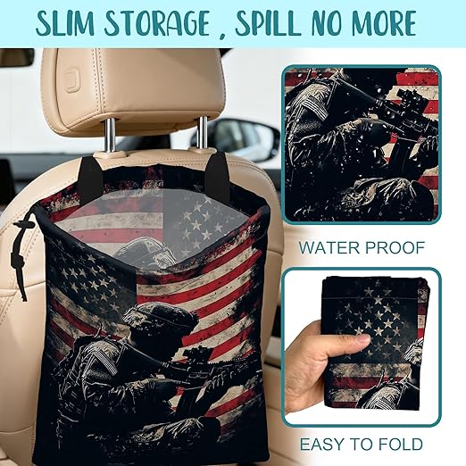 Car Garbage Bag American Soldier Holding Rifle Drawstring Car Trash Bag Hanging for Back Seat with Adjustable Buckle Canvas Vehicle Trash Can Easy-to-Install