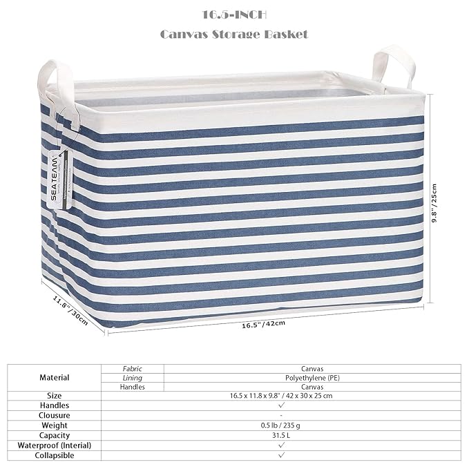 Sea Team Collapsible Canvas Fabric Storage Basket with Handles, Rectangle Waterproof Storage Bin, Box, Cube, Foldable Shelf B