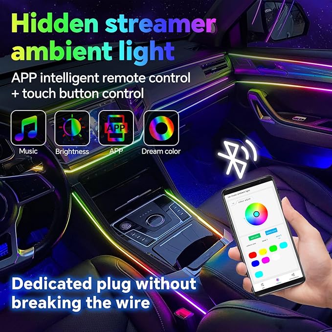 Dream Color Acrylic Interior Car Ambient Light Kit, Bphuny 22 in 1 593 LEDs Fiber Optic Multiple Modes Decoration Atmosphere Lights with Music Dynamic Rainbow Rhythm, RGB Neon Lights for All Cars