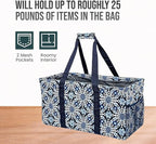 Extra Large Utility Tote Bag - Oversized Collapsible Reusable Wire Frame Rectangular Canvas Basket With Two Exterior Pockets For Beach, Pool, Laundry, Car Trunk, Storage - Blue Snowflake