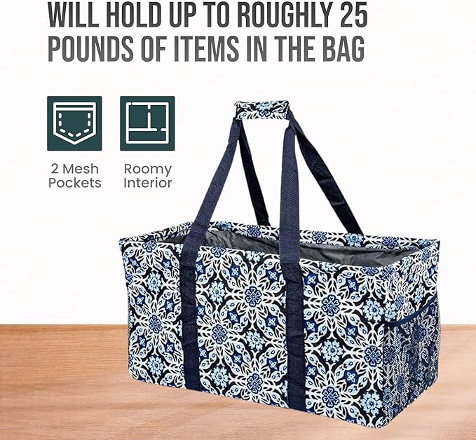 Extra Large Utility Tote Bag - Oversized Collapsible Reusable Wire Frame Rectangular Canvas Basket With Two Exterior Pockets For Beach, Pool, Laundry, Car Trunk, Storage - Blue Snowflake