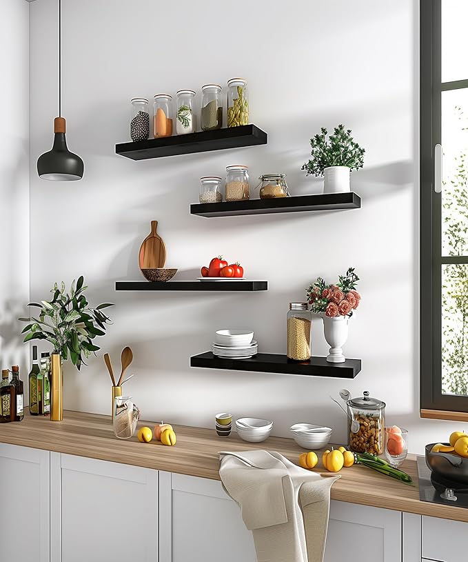 PHPH Wood Floating Shelves for Wall, Wooden Wall Shelves for Bedroom, Set of 6 Black 17 Inch