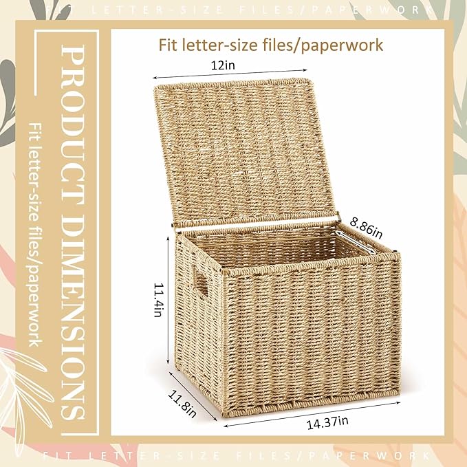 Jingmore 2 Pack Paper Rope File Box Organizers Collapsible Letter Size Filing Cabinet with Lid Woven Hanging File Basket Port