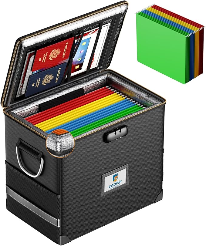 File Organizer with Lock,Fireproof Document Box,Hard Safe Box Includes 10 Hanging File Folders for Letter Size,Filing Cabinet