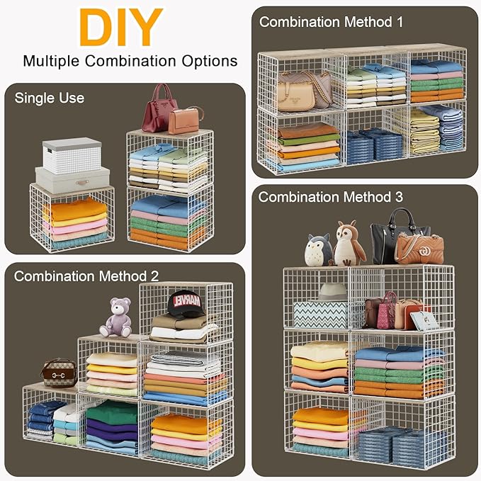 6 Pack Closet Organizers And Storage, Stackable Closet Shelf Organizer Storage Bin Basket For Clothes Sweaters With Top Board