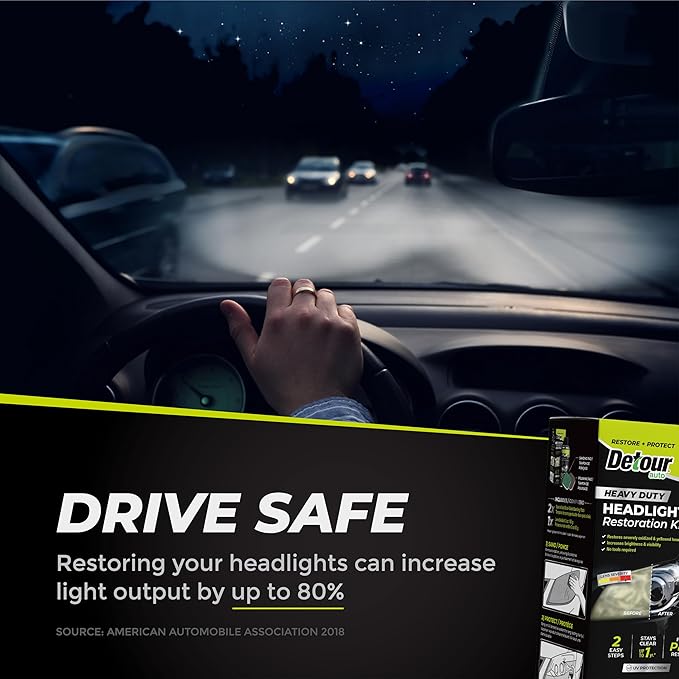 Detour Heavy Duty Headlight Restoration Kit - 2 Easy Steps to Professionally Restore Yellowed and Clouded Plastic Headlights,