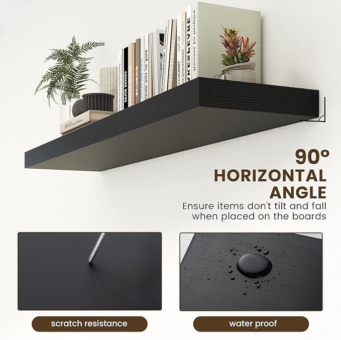 12 Inch Deep Floating Shelves | 55 Inch Black Floating Shelves | 55" W x 12" D Rustic Wood Shelves for Wall | Deep Black Shel