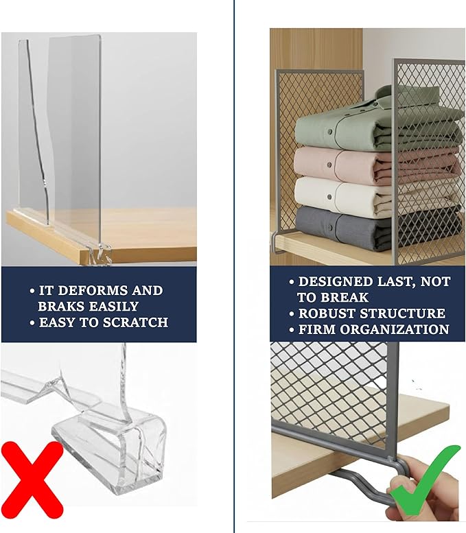 Nexu 6-Pack Metal Mesh Shelf Dividers for Closet Organization, Ultra-Stable Under-Shelf Hook Design, Matte Non-Slip Heavy Dut