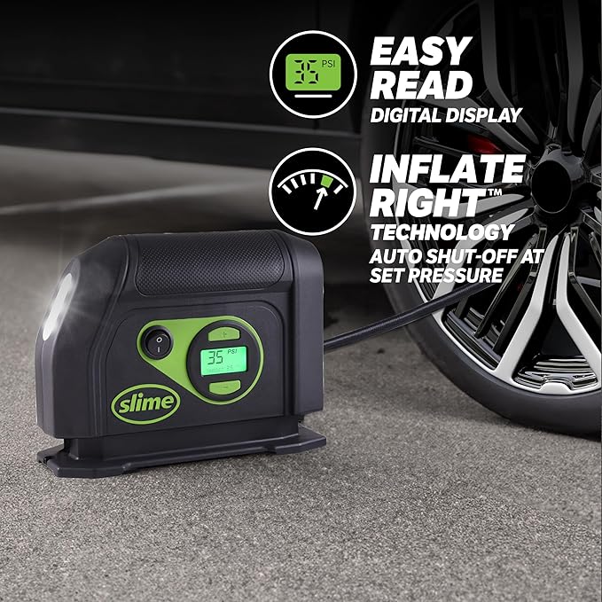Slime 40088 Tire Inflator, Portable Car Air Compressor, Inflate Right automatic shut off, with Digital 99 psi Display, Long Hose and LED Light, 12V, 6 min inflation