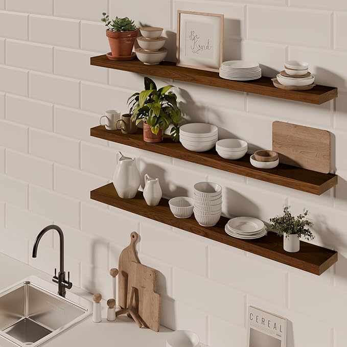 ROGMARS 48Inches Long Walnut Floating Shelves,Rustic Solid Wood Farmhouse Wall Shelves with Invisible Brackets for Bathroom, 
